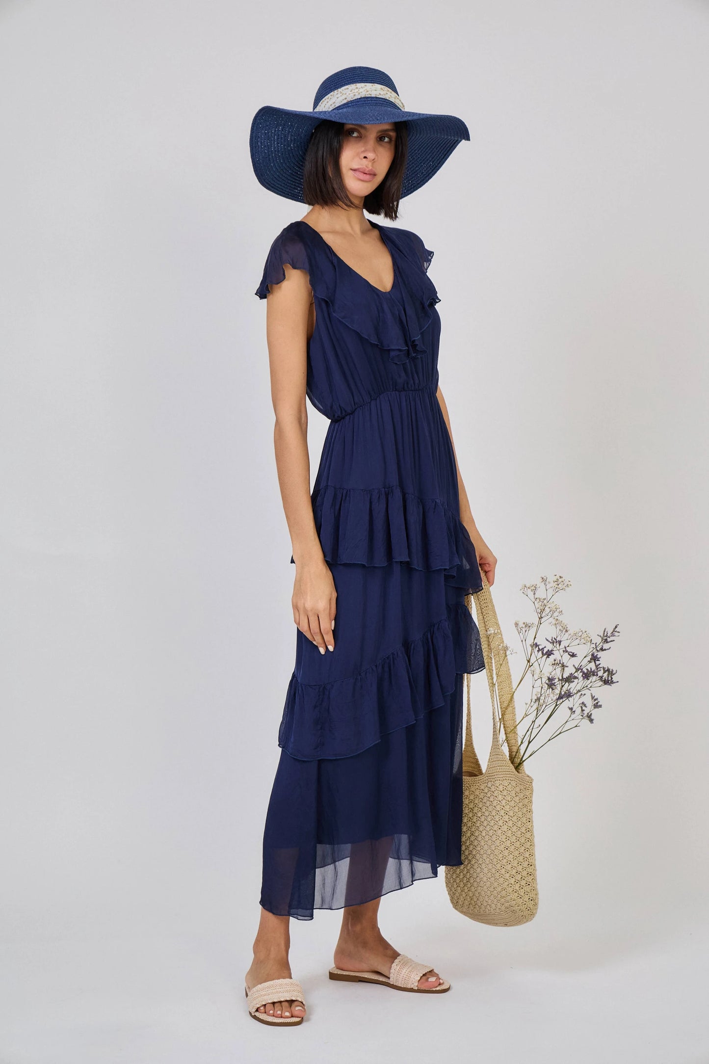Robe longue à volant en soie