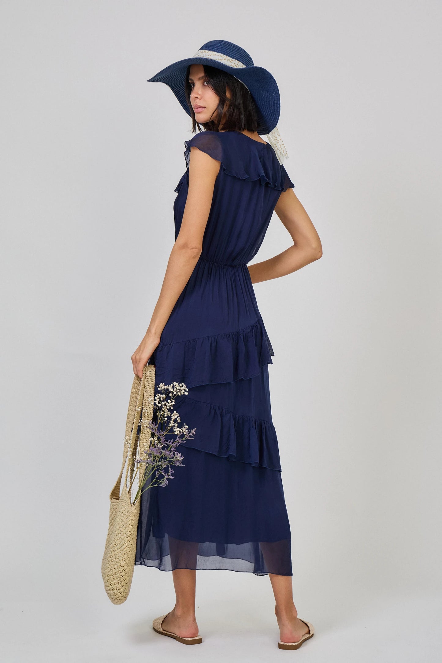 Robe longue à volant en soie