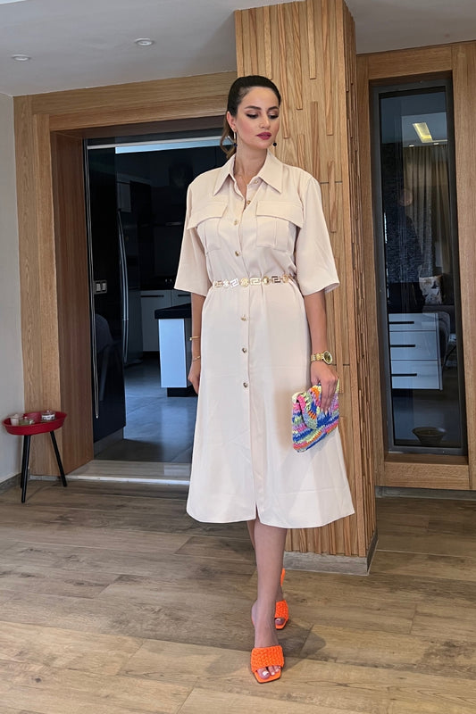 Robe-chemise en gabardine beige