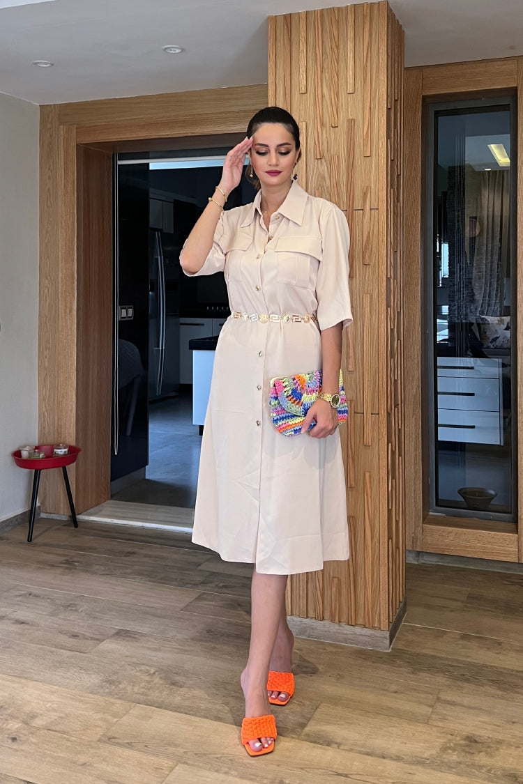 Robe-chemise en gabardine beige