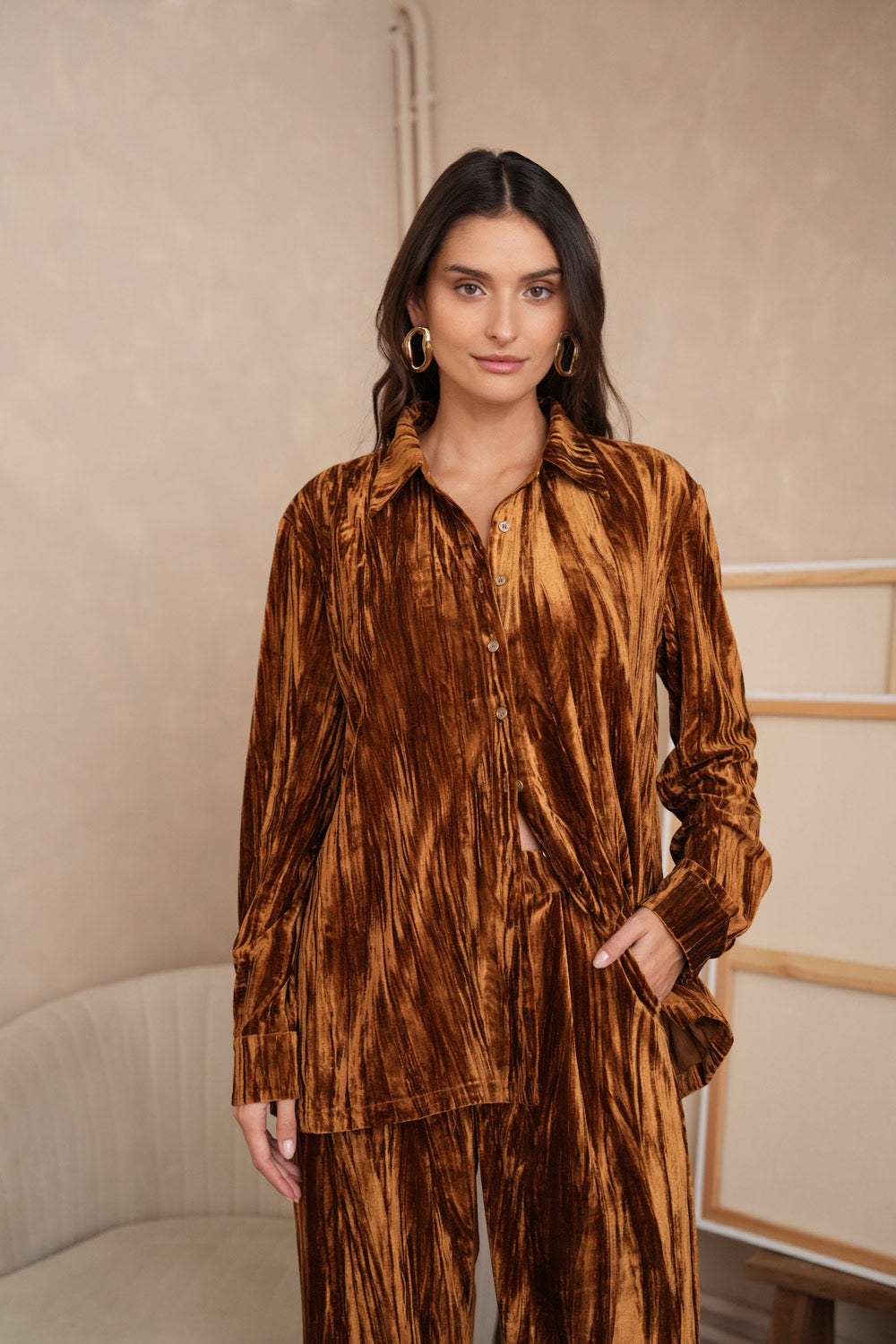 Ensemble chic casual en velours froissé